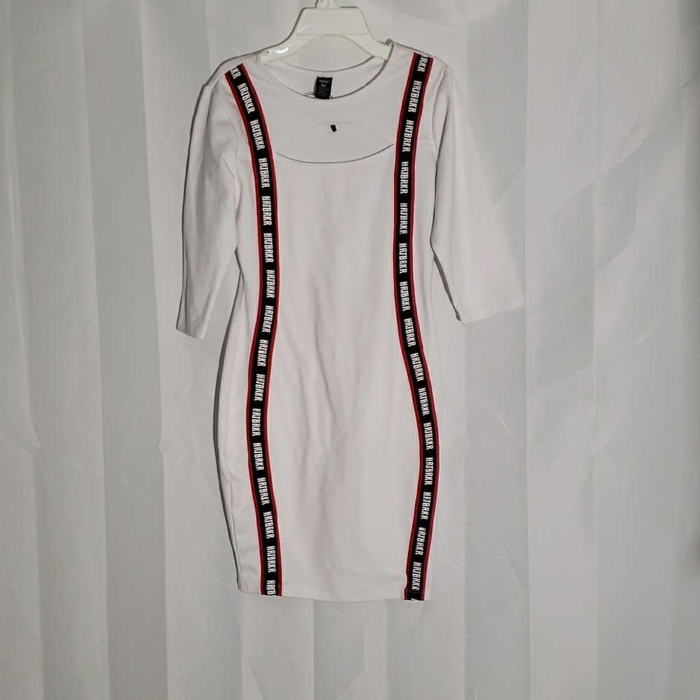 White REDFOX Bodycon Dress with Black and Red Accents (Hrtbrkr) Logo. Size M.